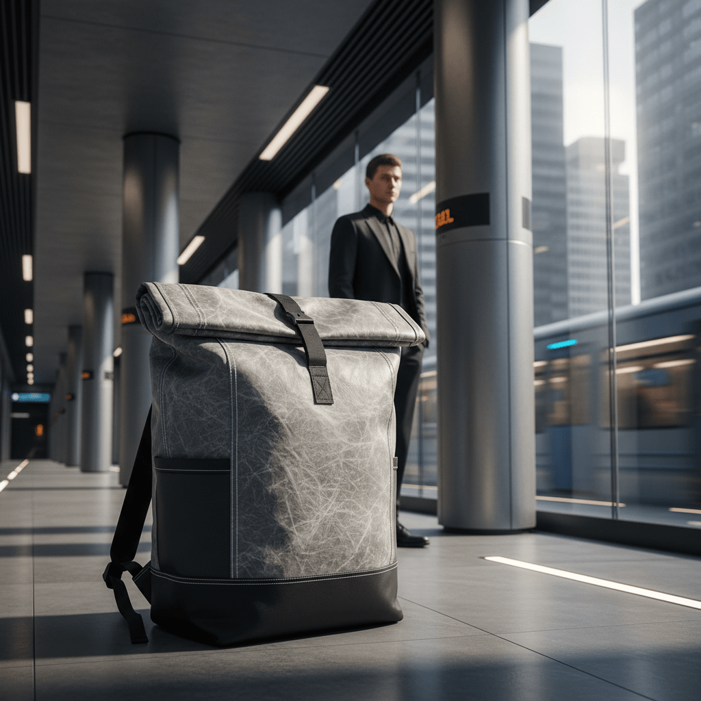 Minimalist Dyneema roll-top backpack in a modern urban subway station setting.