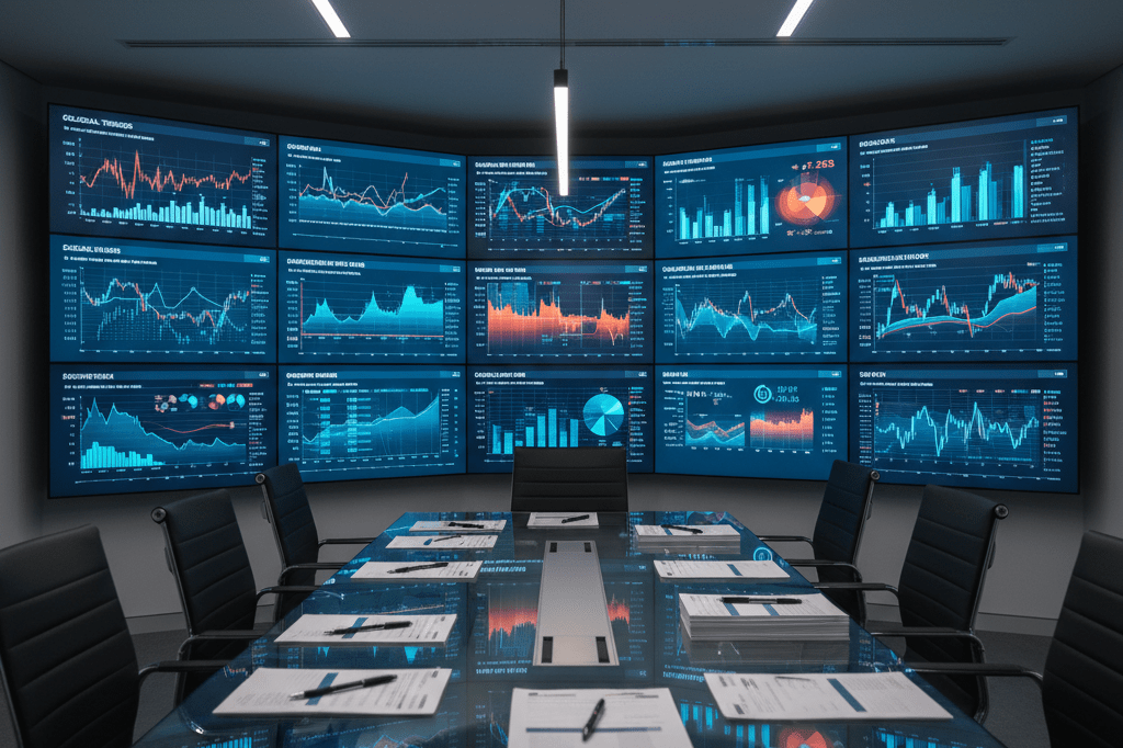 Modern office setup featuring digital analytics screens and strategic planning materials under ambient lighting