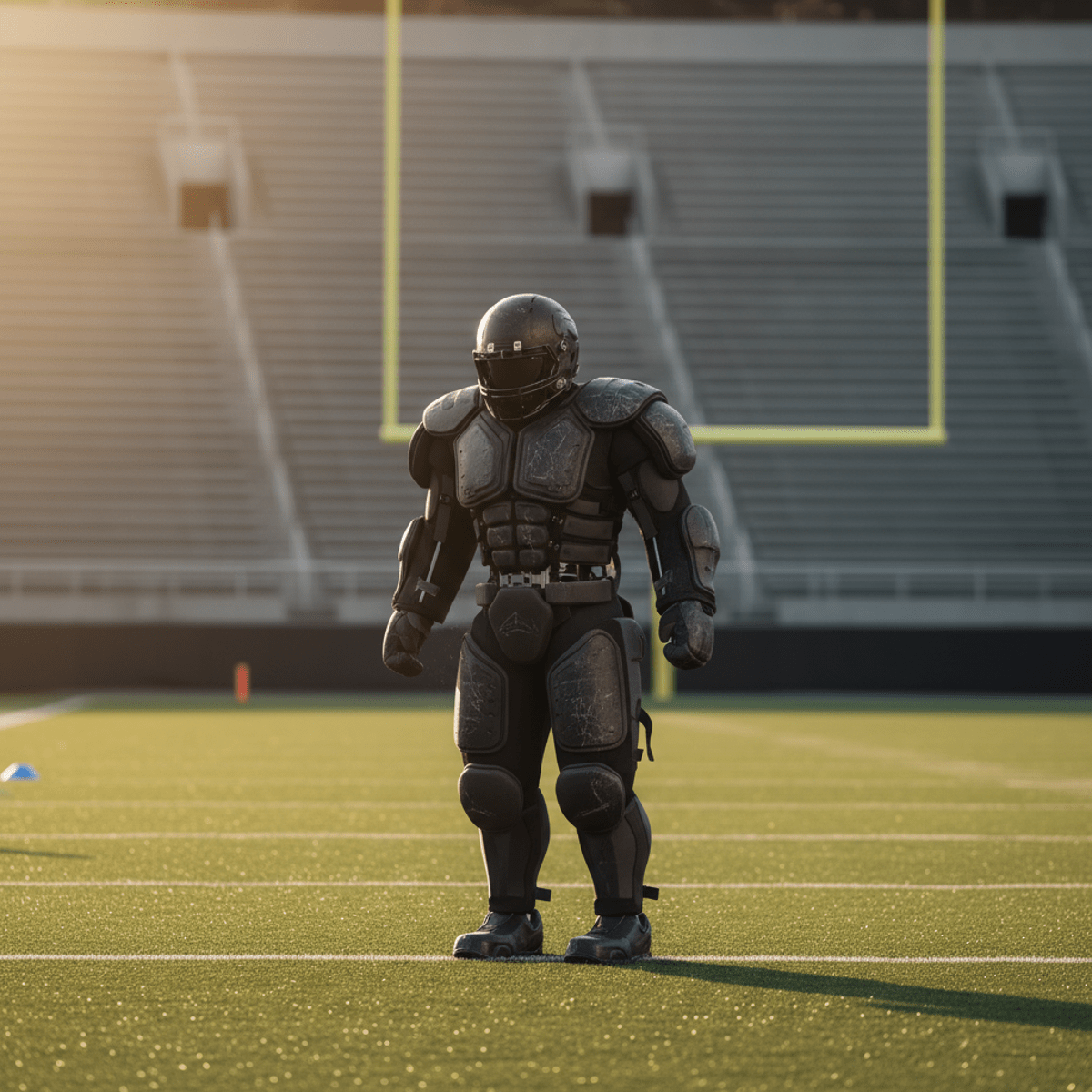 Padded football tackle dummy in upright stance on stadium field at golden hour.