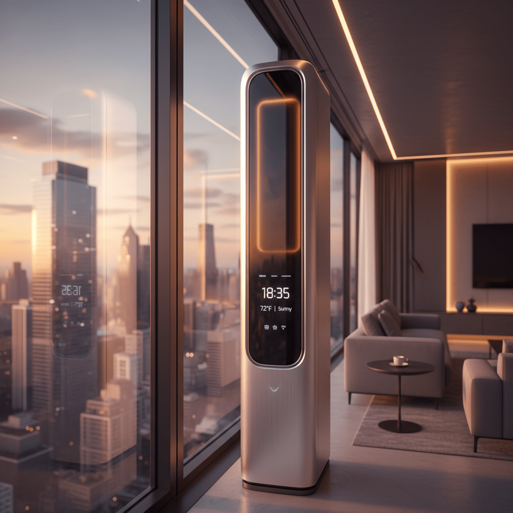 Sleek vertical air conditioner with LED display overlooks a city skyline.