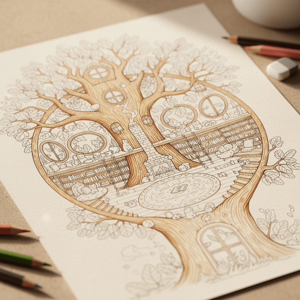 Intricate line art of a whimsical tree house library inside a giant oak, with tiny books and nooks.