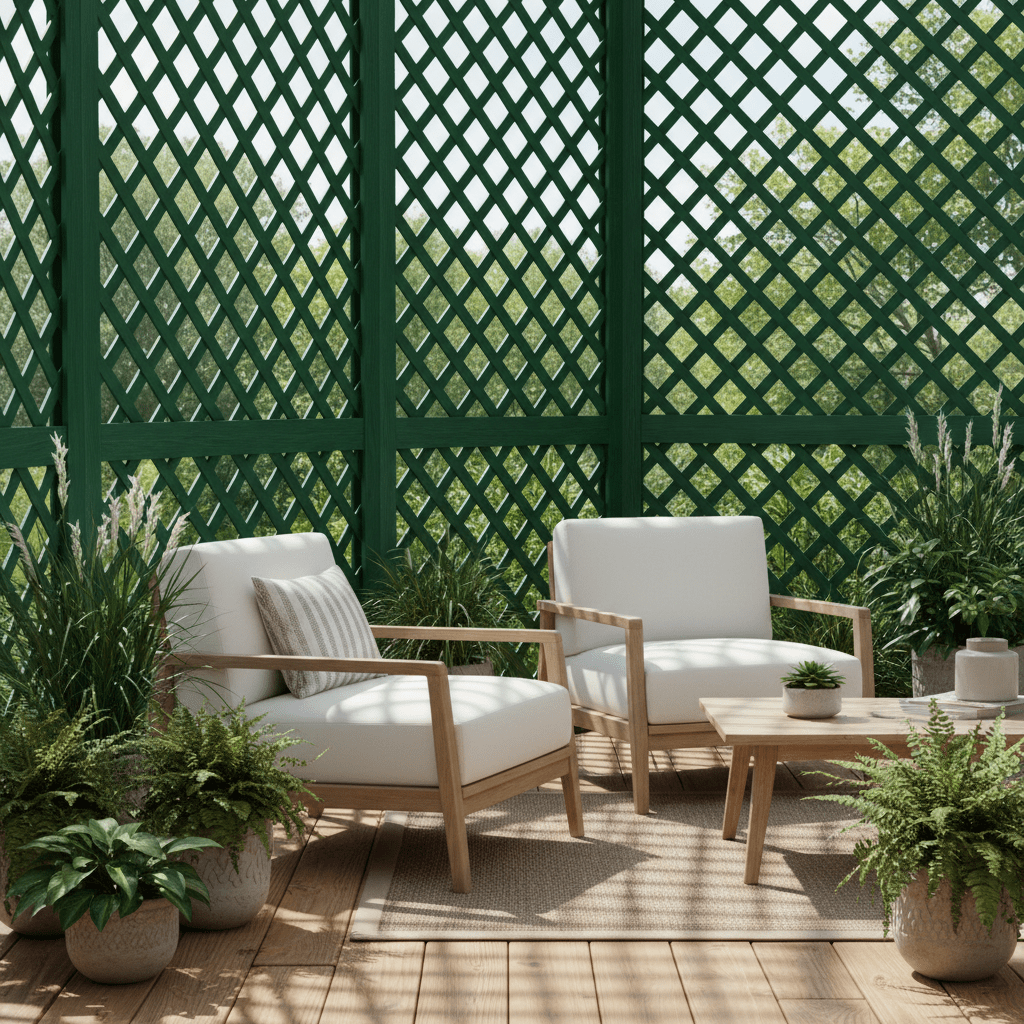 Daytime garden terrace with deep green lattice privacy screen casting intricate shadows.