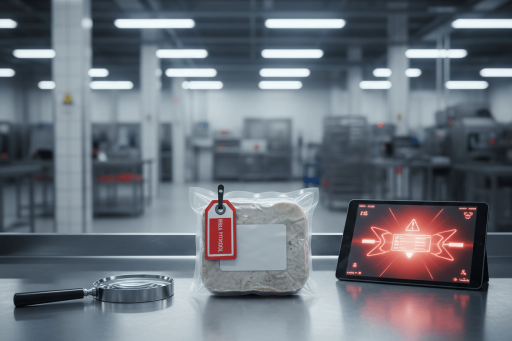 Sterile food manufacturing station during emergency recall protocol activation Frozen meal package under magnifying glass with red isolation tag on steel table, symbolizing safety crisis