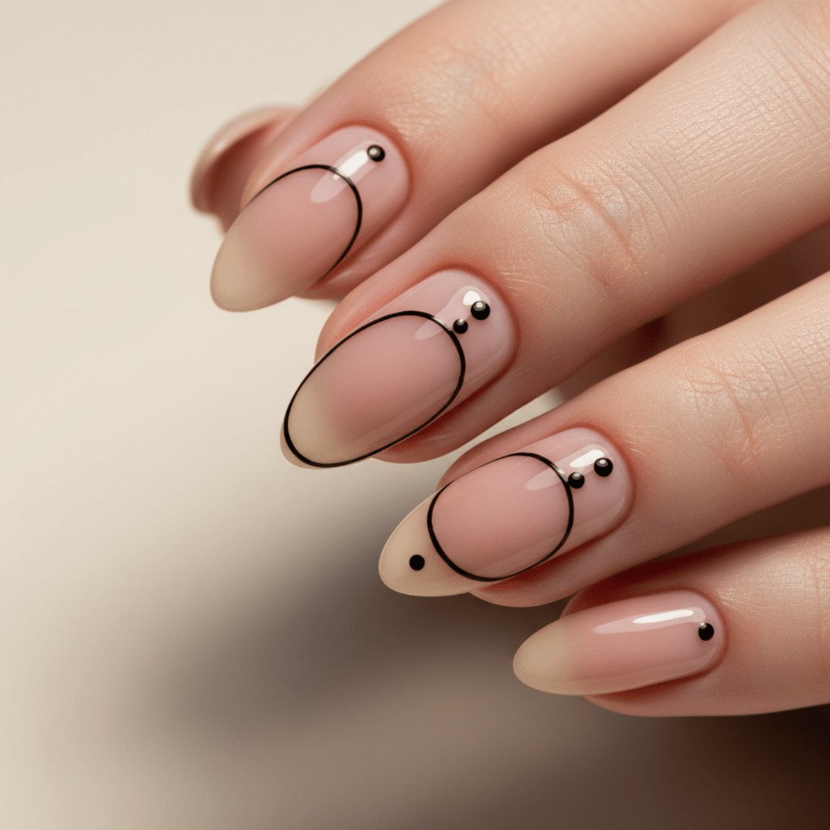 Elegant natural nails with black dots and curved lines, a minimalist 2026 aesthetic.