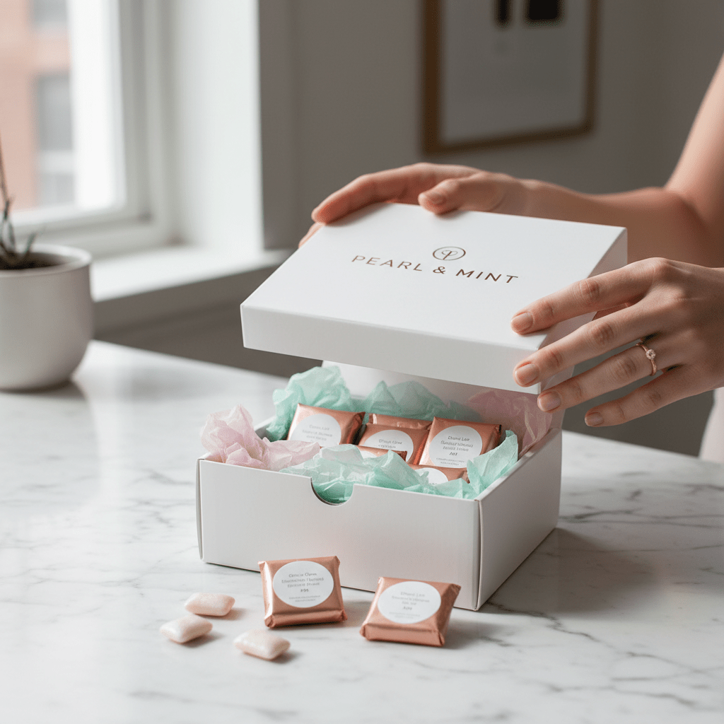 Hands gently opening a premium gum subscription box on a marble surface.
