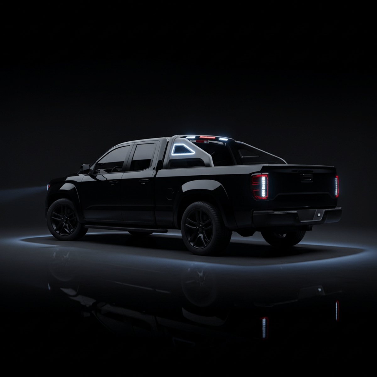 Roll bar truck with deep gloss black aerodynamic sport bars and integrated LEDs.