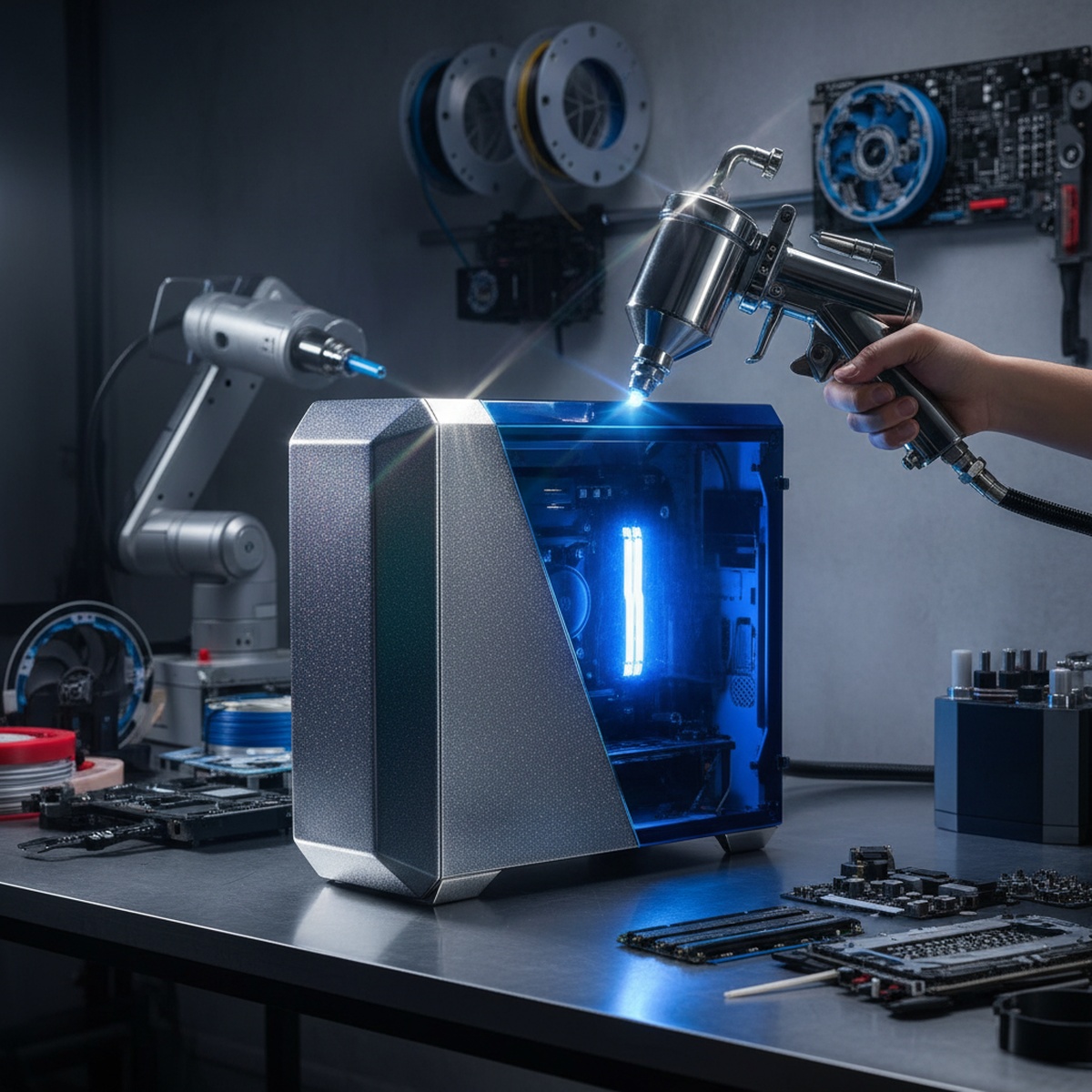 Powder coating gun applies metallic and electric blue finishes to a custom PC case.