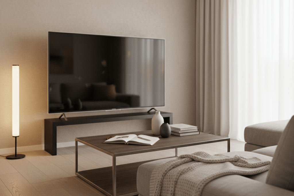 Warmly lit living room with a smart TV and cozy furnishings, hinting at engaging narrative-driven content consumption