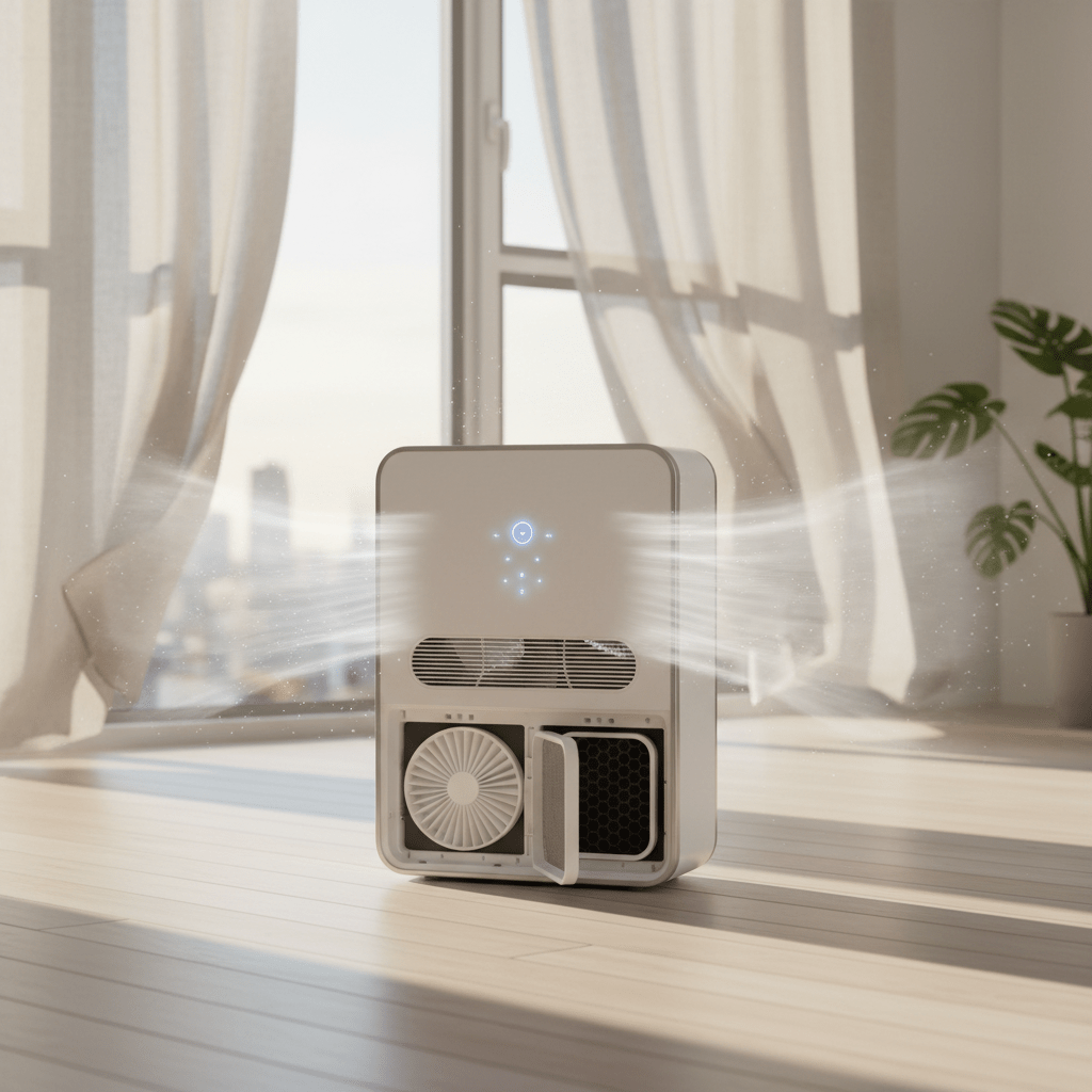 Modern fan-purifier in a sunlit loft space. Futuristic fan-purifier hybrid on wooden floor in bright loft with golden sunlight.