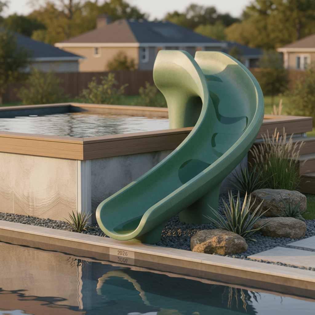 Matte emerald-green eco-friendly pool slide with glossy accents beside a backyard pool.