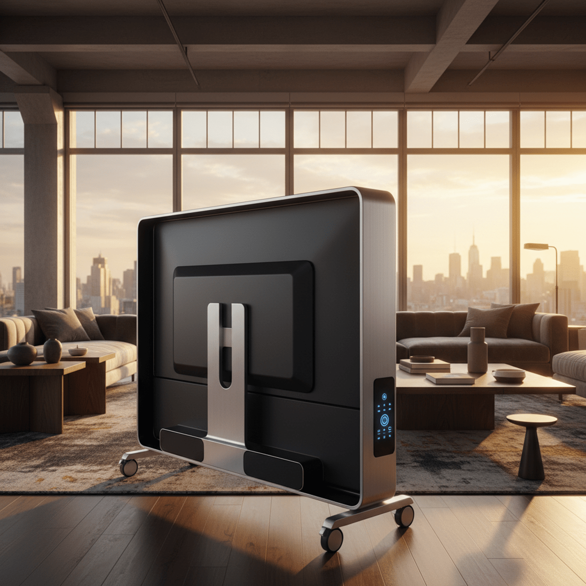 Portable TV with curved display in a loft, bathed in warm golden hour sunlight.