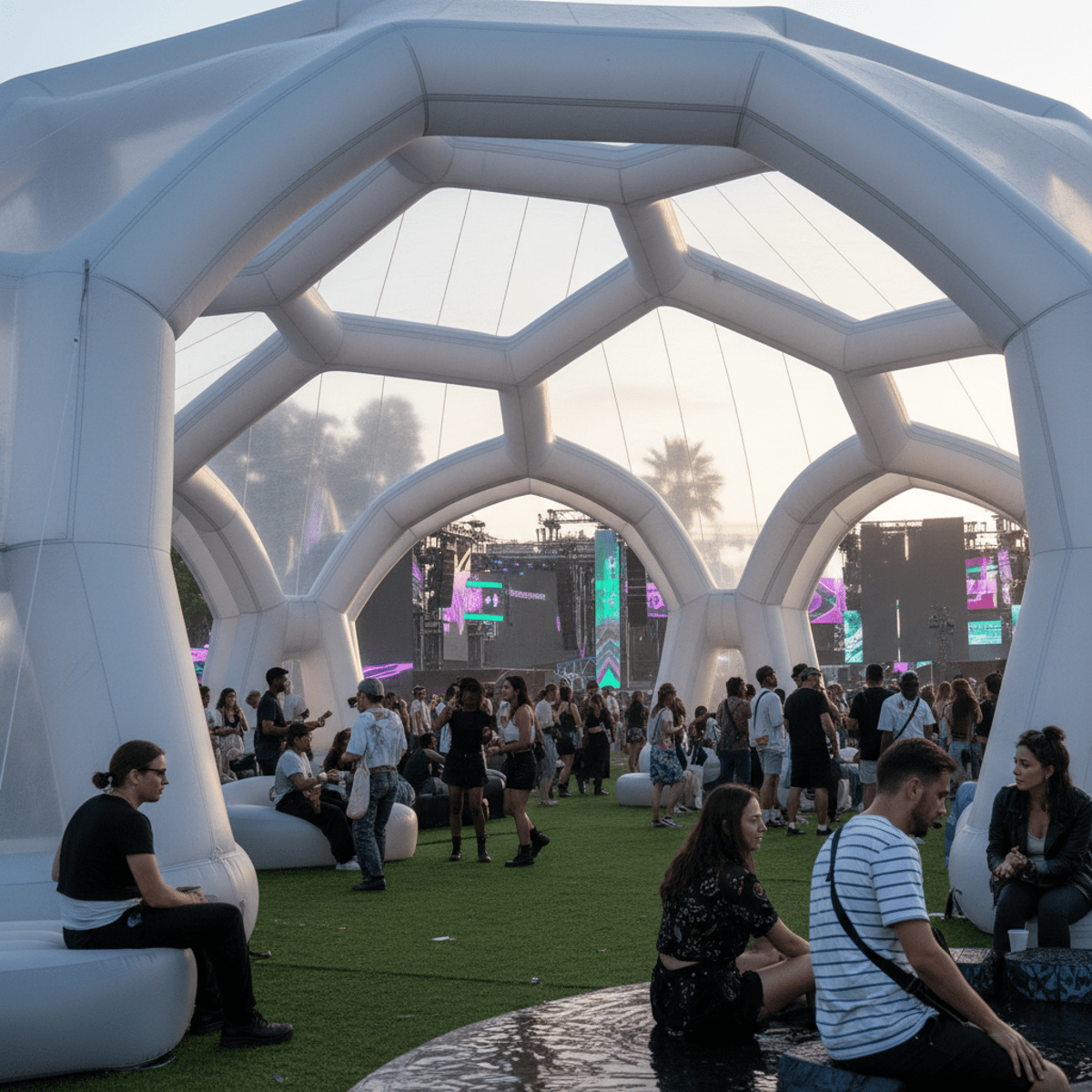Futuristic inflatable pavilion of translucent fabric at a vibrant music festival.