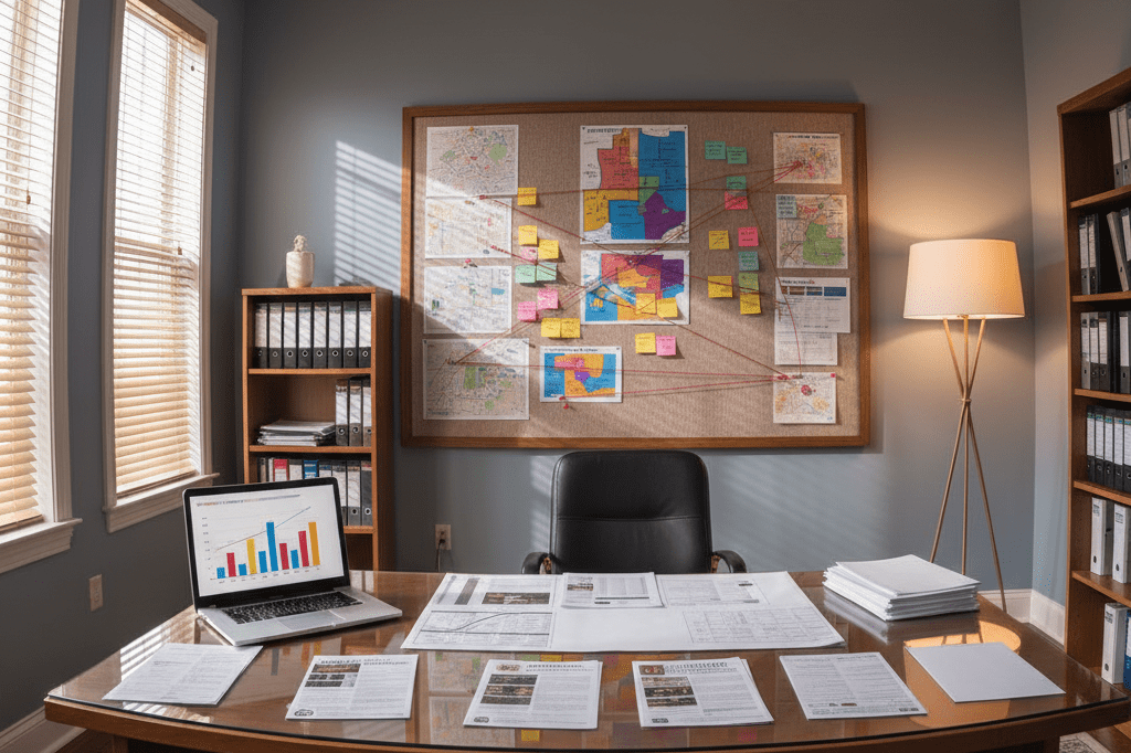 Wide-angle view of a tidy campaign workspace with generic materials and tools symbolizing systematic outreach methods