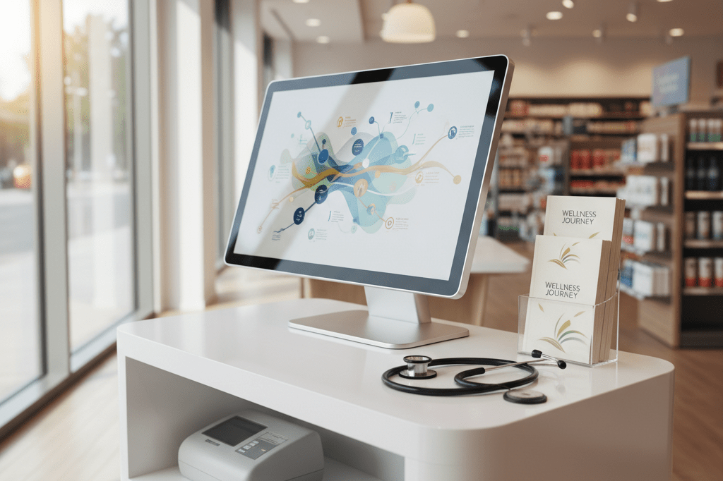 Modern health screening station in a retail wellness hub Advanced medical diagnostics setup in a retail space promoting preventative healthcare under natural lighting