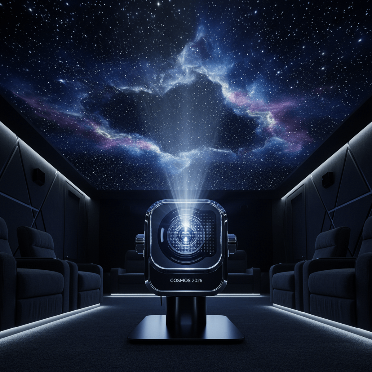 Realistic cosmic vista projected by a star projector in a dark home theater.