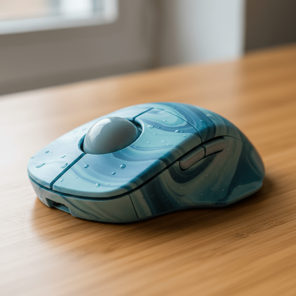 Macro shot of a recycled plastic trackball mouse with blue and teal marbled patterns.