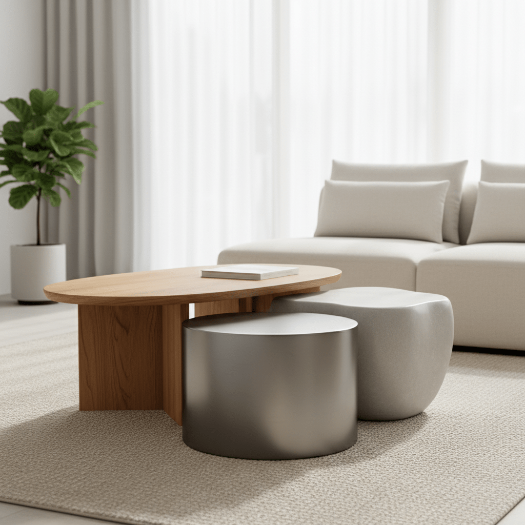 Minimalist modular coffee table with wood, metal, and stone pieces in soft daylight.