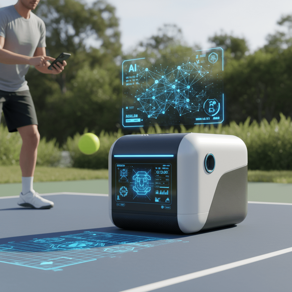 Outdoor pickleball machine projects holographic drill patterns onto a court.