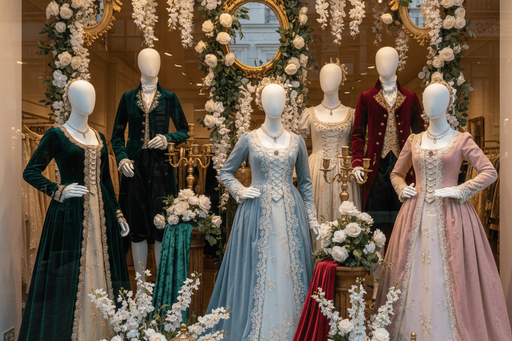 Regency-inspired retail window display with velvet textures and floral accents Opulent Regency-style retail display featuring pastel fabrics, flowers, and gold accents under warm ambient lighting