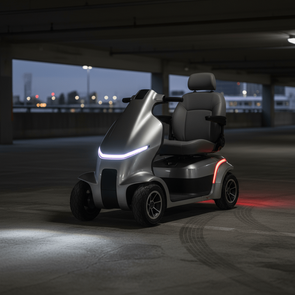 Futuristic mobility scooter with bright LED lights in a garage. Sleek futuristic mobility scooter with bright LED lights in a dimly lit parking garage.