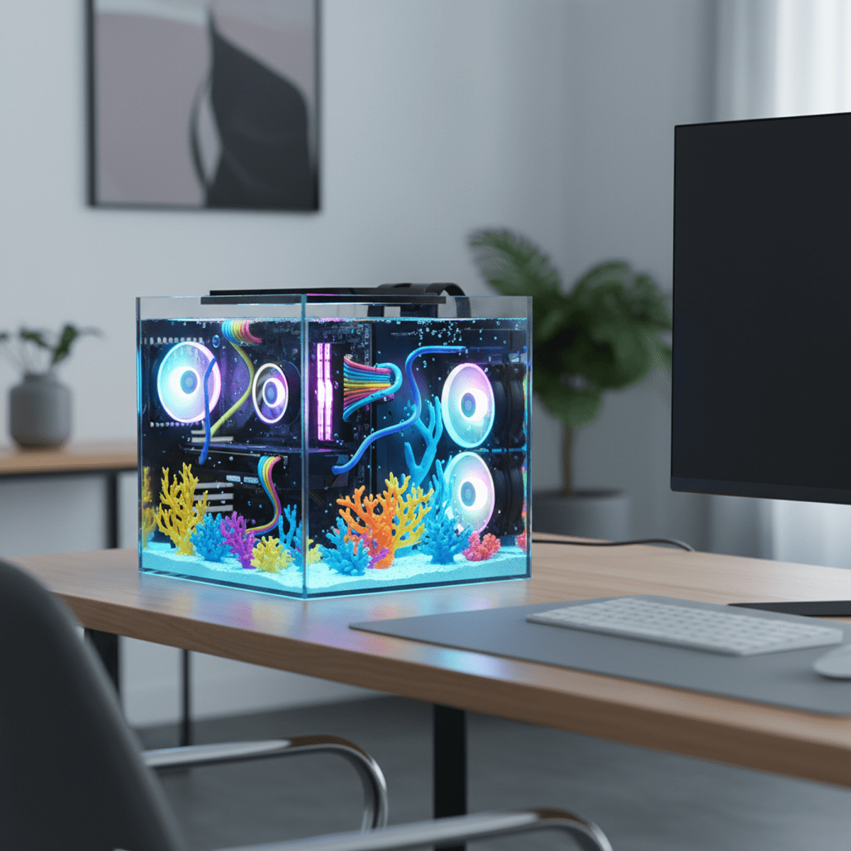 Compact PC workstation integrated into a clear aquarium with coral reef and glowing fans.