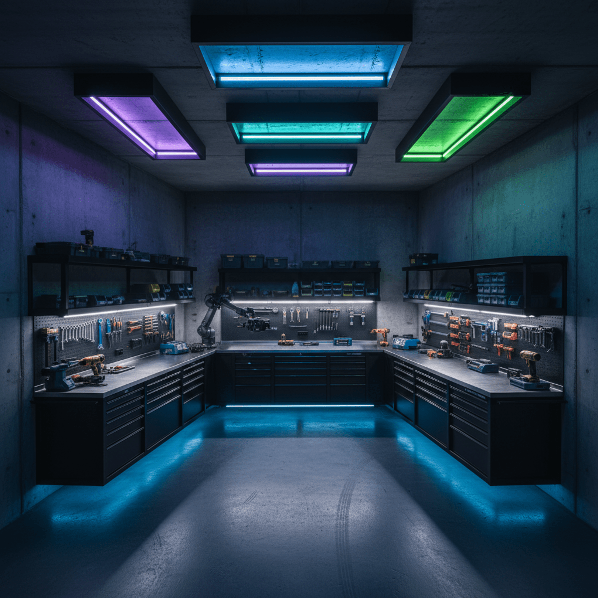 Overhead view of a modern, organized garage workspace with smart LED lighting accents.