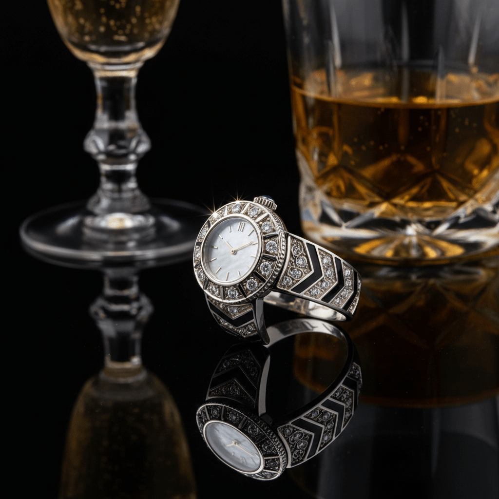 Opulent Art Deco ring watch with mother-of-pearl face and geometric patterns.