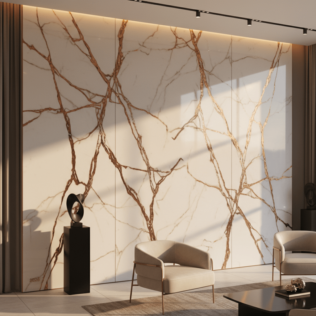 White marble wall panels with intricate copper and brass metallic veins create a luxury retail backdrop.