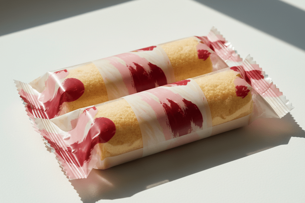 Two neatly wrapped strawberry shortcake rolls showcasing modern single-serve snack packaging designed for convenience stores