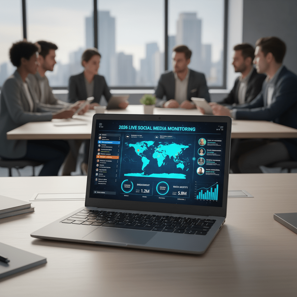 Budget laptop displays vibrant social media monitoring dashboard on office desk.