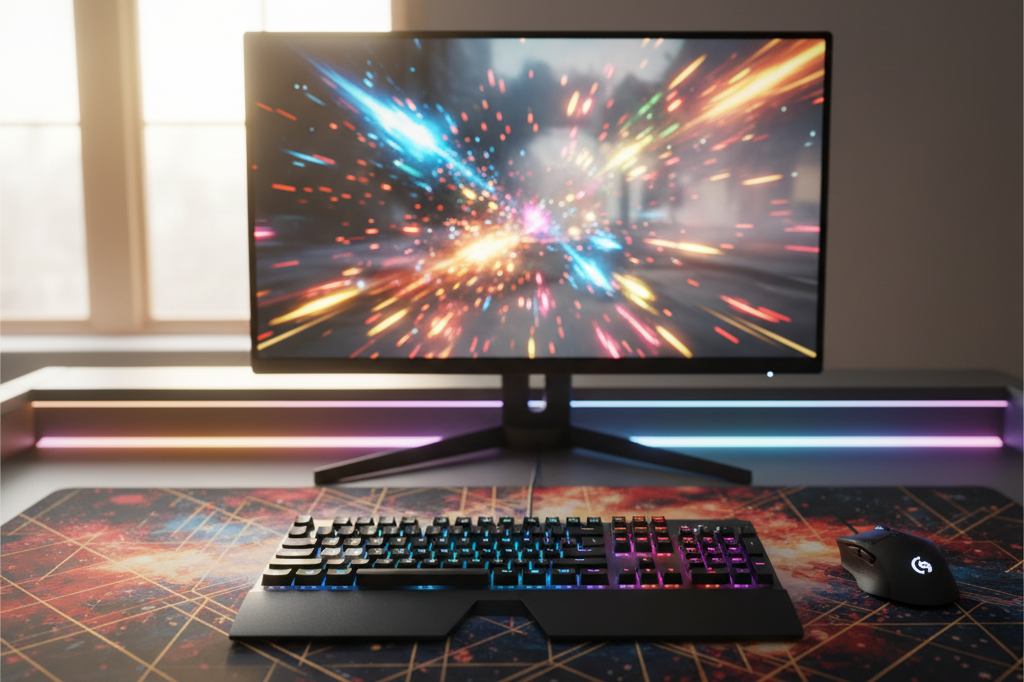 Medium shot of a sleek gaming desk with keyboard, mouse, and monitor showing blurred colorful action effects, natural and ambient lighting