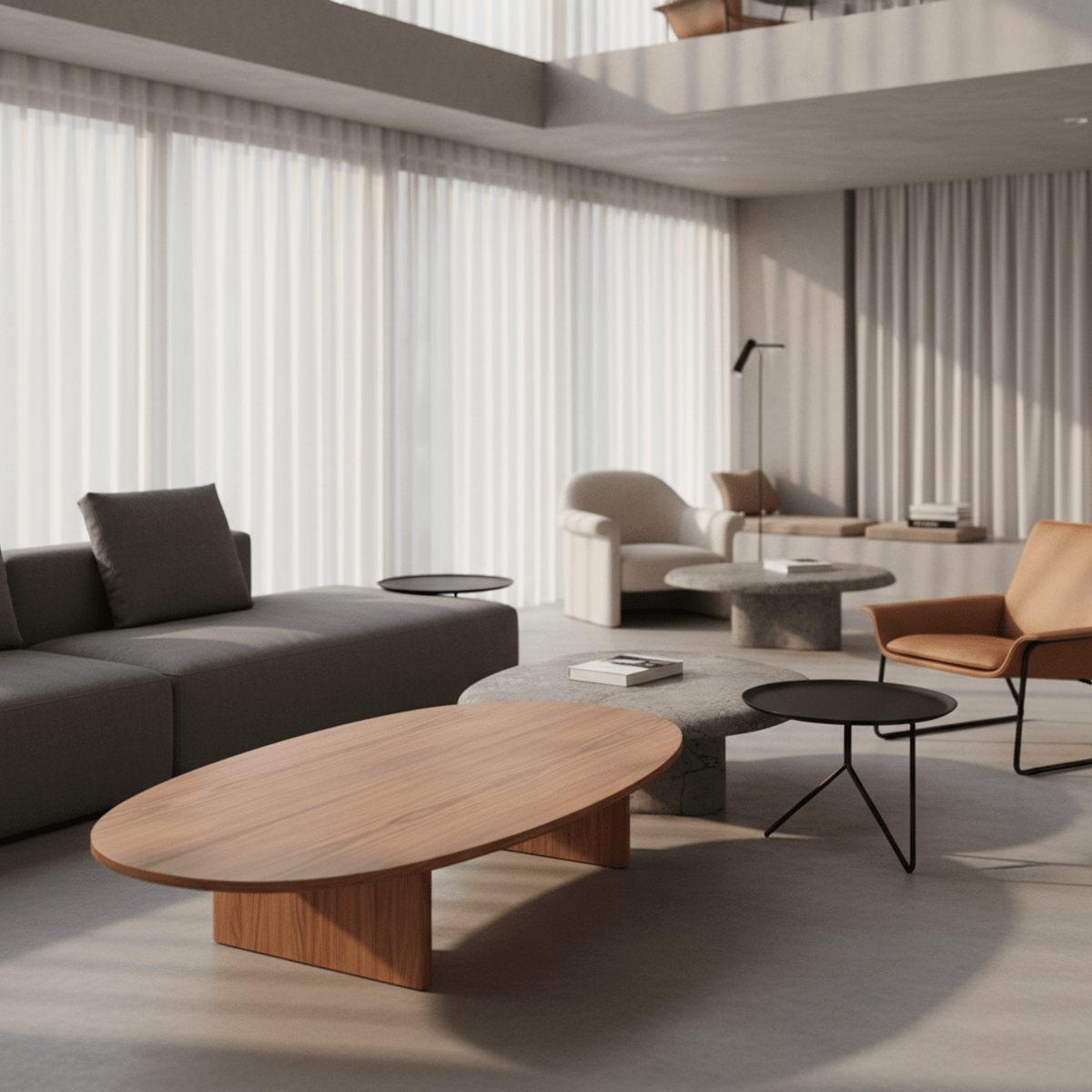 Modular coffee tables in a modern open-plan living space with warm wood and stone.