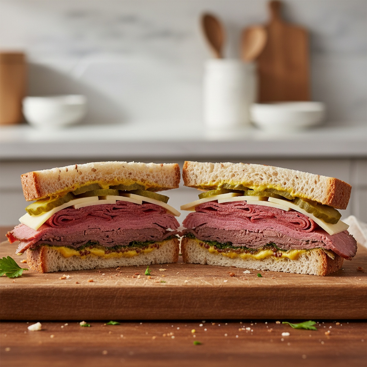 Close-up cross-section of a plant-based sandwich with vegan meats and cheese.