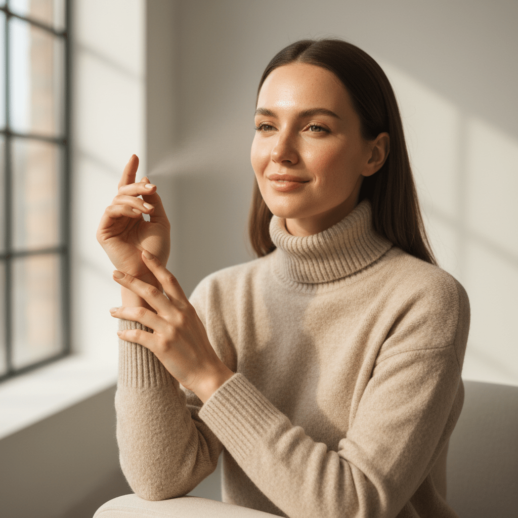 Professional woman with a soft natural glow from a spray tan in a modern studio.