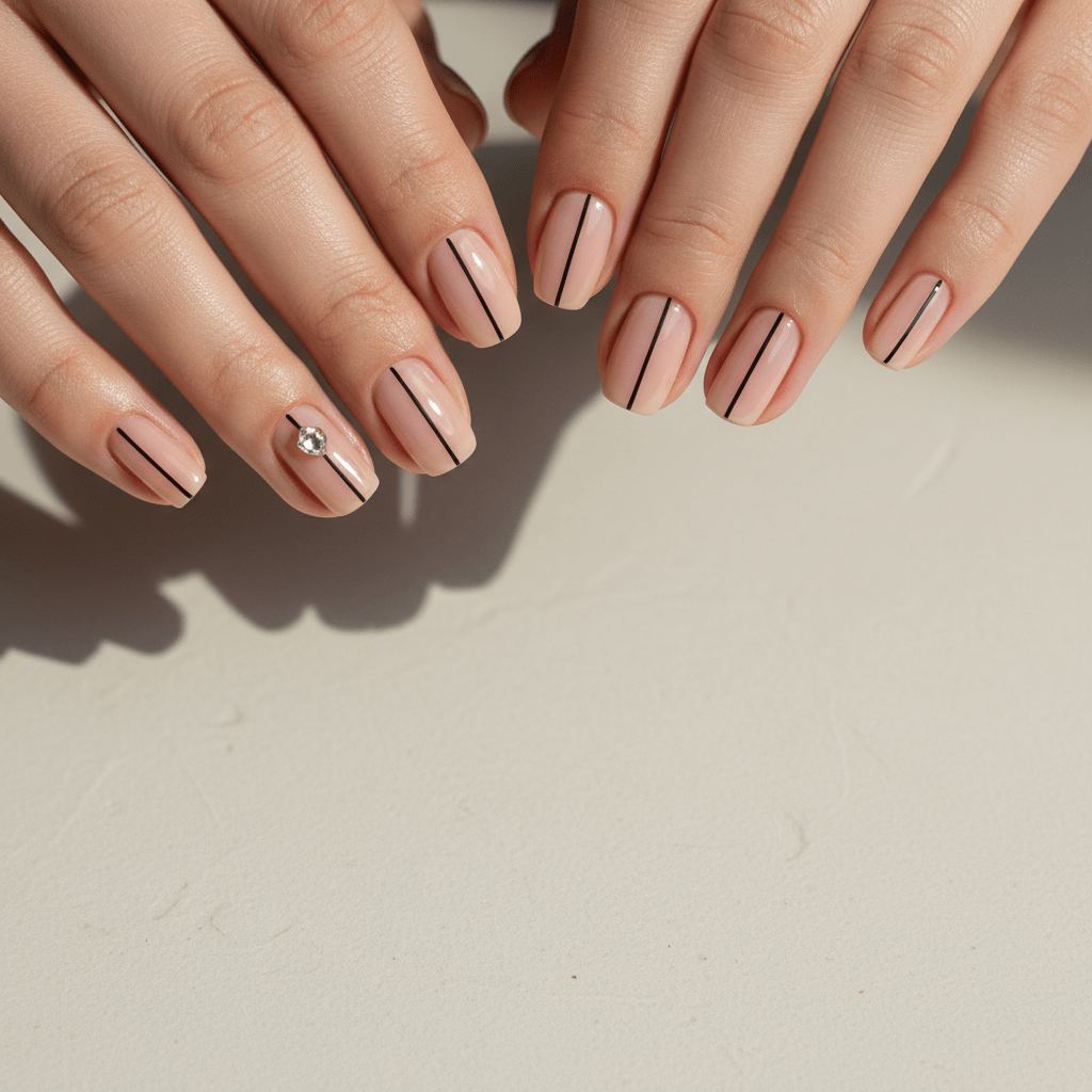 Minimalist nude nails with a thin black line and a gemstone accent.