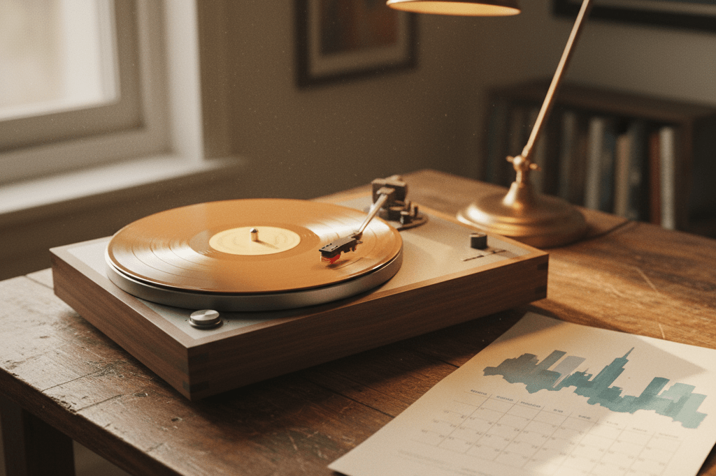 Medium shot of a spinning vinyl record player next to a muted tour poster with city silhouettes and April–June 2026 dates