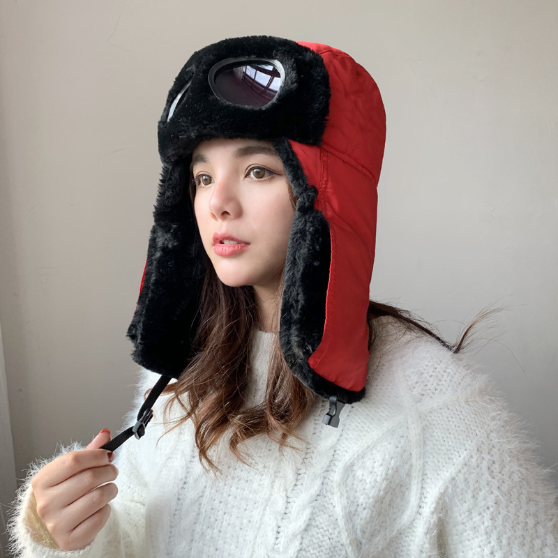 n929最新护眼俄罗斯风格骑士帽,带眼镜滑雪防风耳盖人造毛皮冬帽