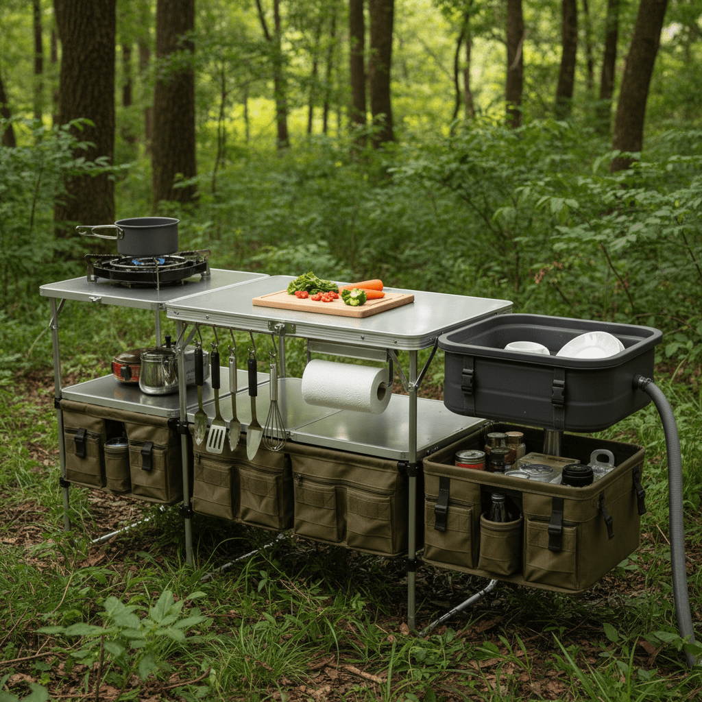 Compact outdoor camp kitchen station unfolds from a portable table with integrated stove and sink.
