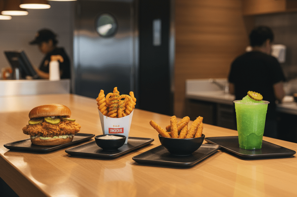 Four unique pickle-flavored dishes on trays under soft ambient light, representing innovative limited-time retail strategies