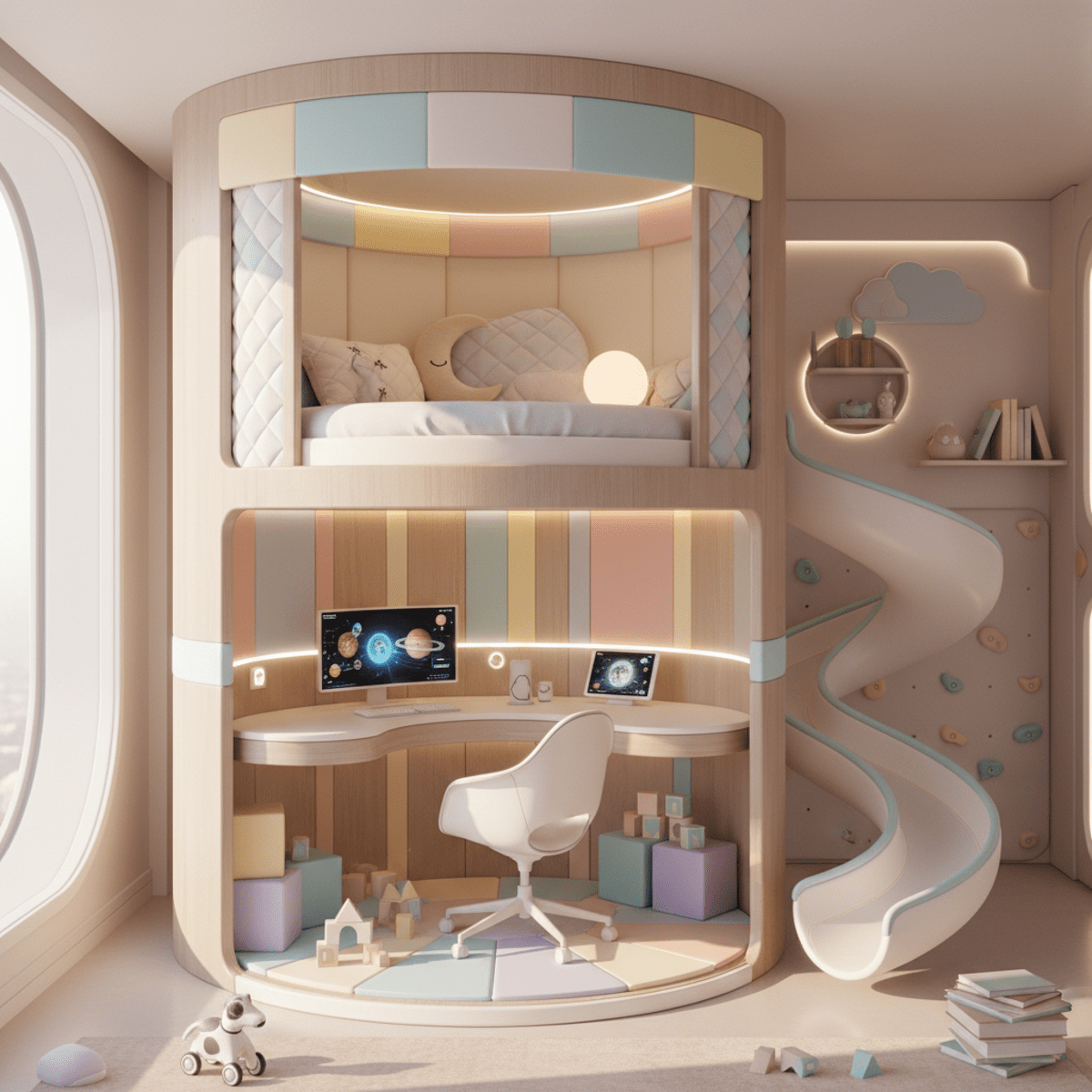 Futuristic bunk bed tower with slide, desk, play zone, and pastel accents.