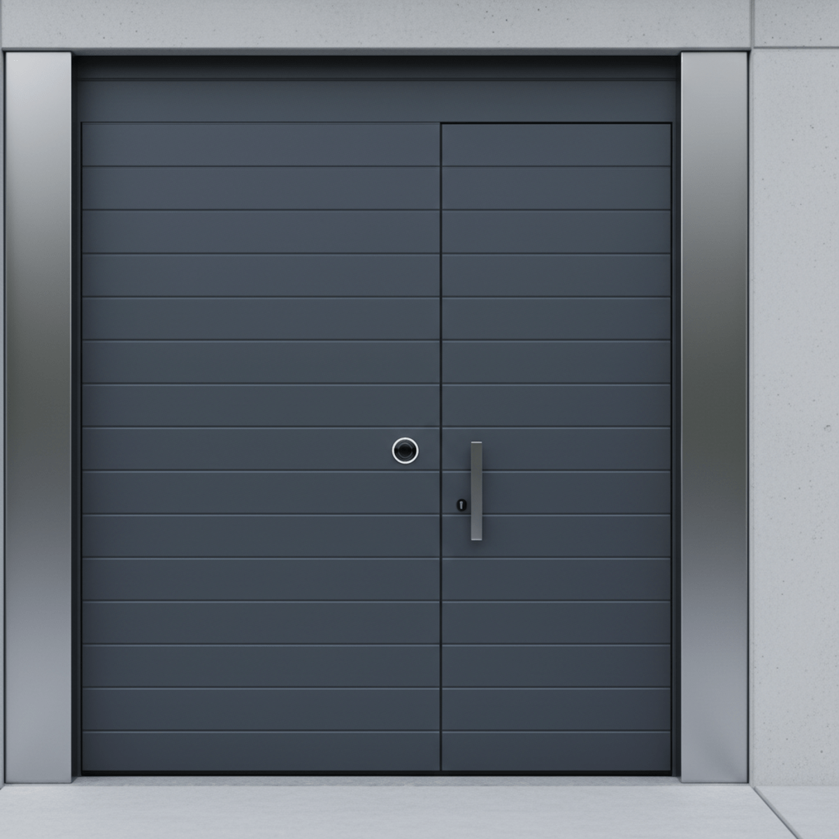 Sleek graphite futuristic garage door with smart locks and biometric scanner.