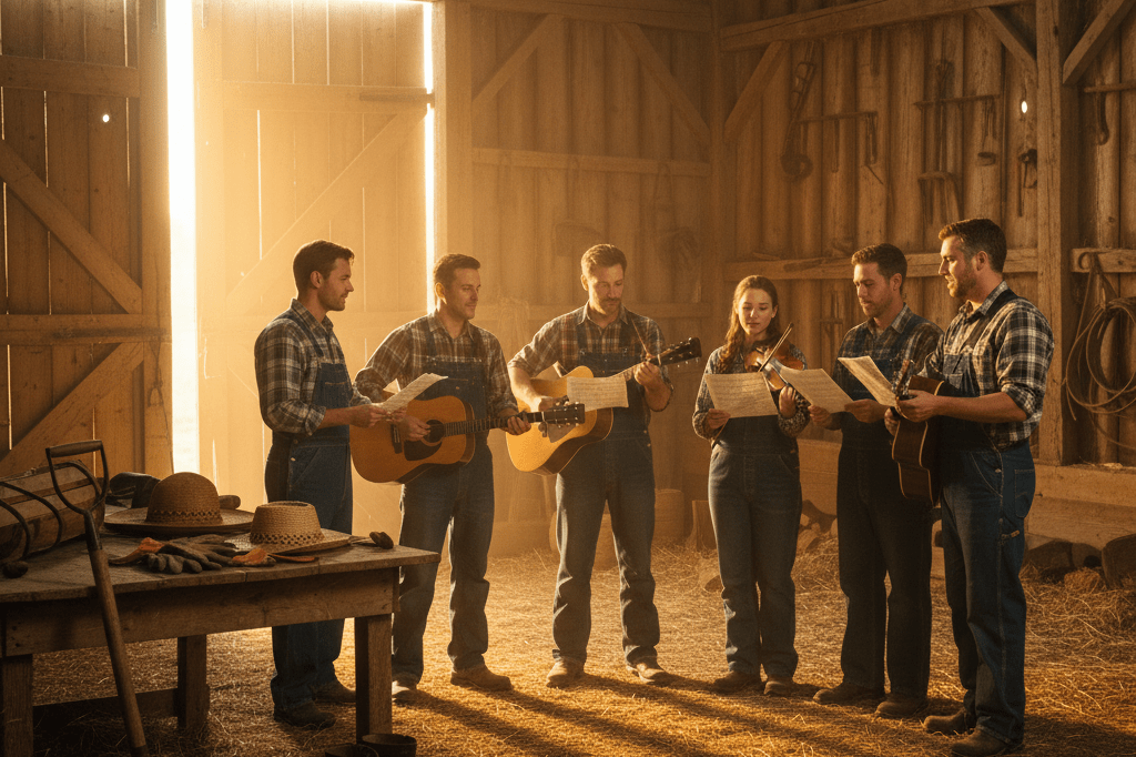 Farmers' choir gathering in a rustic barn for rehearsal Rustic barn interior with farmers holding sheet music under warm golden-hour lighting, showcasing community collaboration