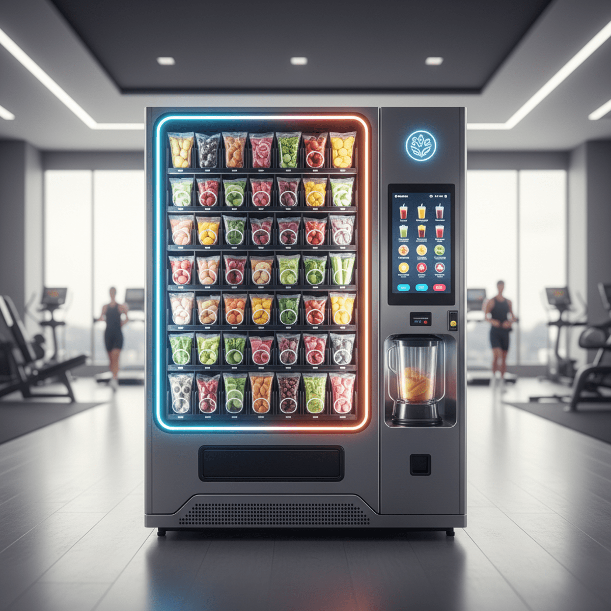 Modern smoothie vending machine with frozen ingredients and touchscreen in a bright gym.