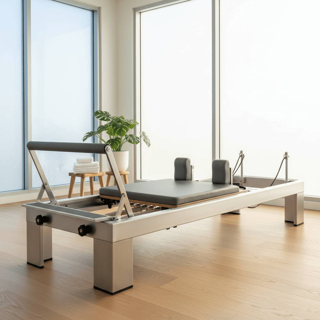 Minimalist home gym with a stainless steel pilates reformer in soft morning light.