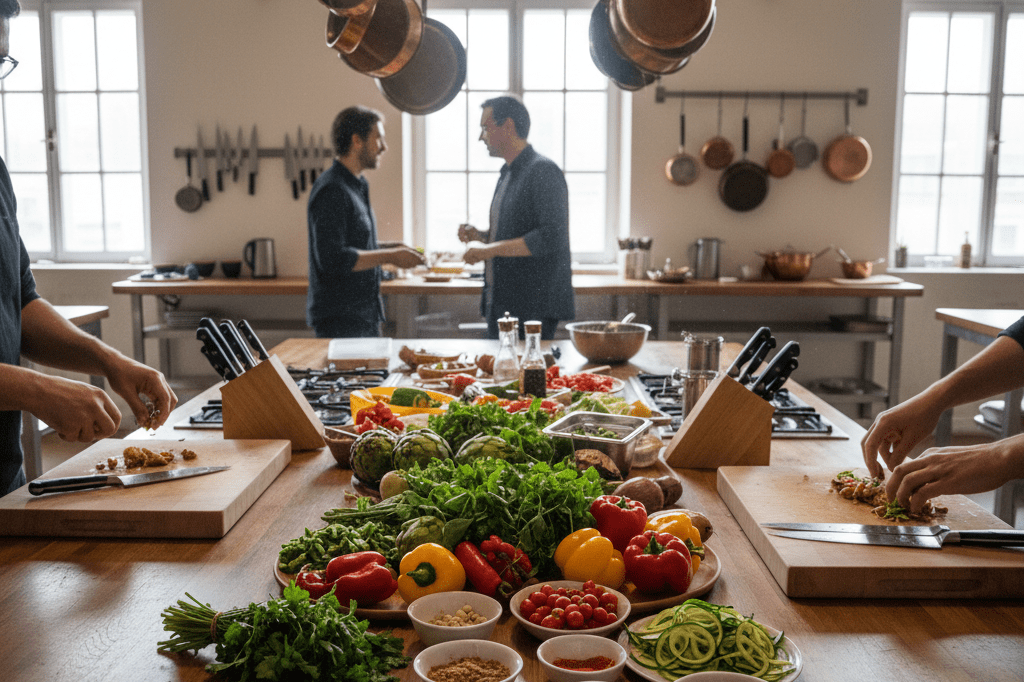 Wide shot of a vibrant culinary studio with fresh ingredients and tools, symbolizing successful business partnerships