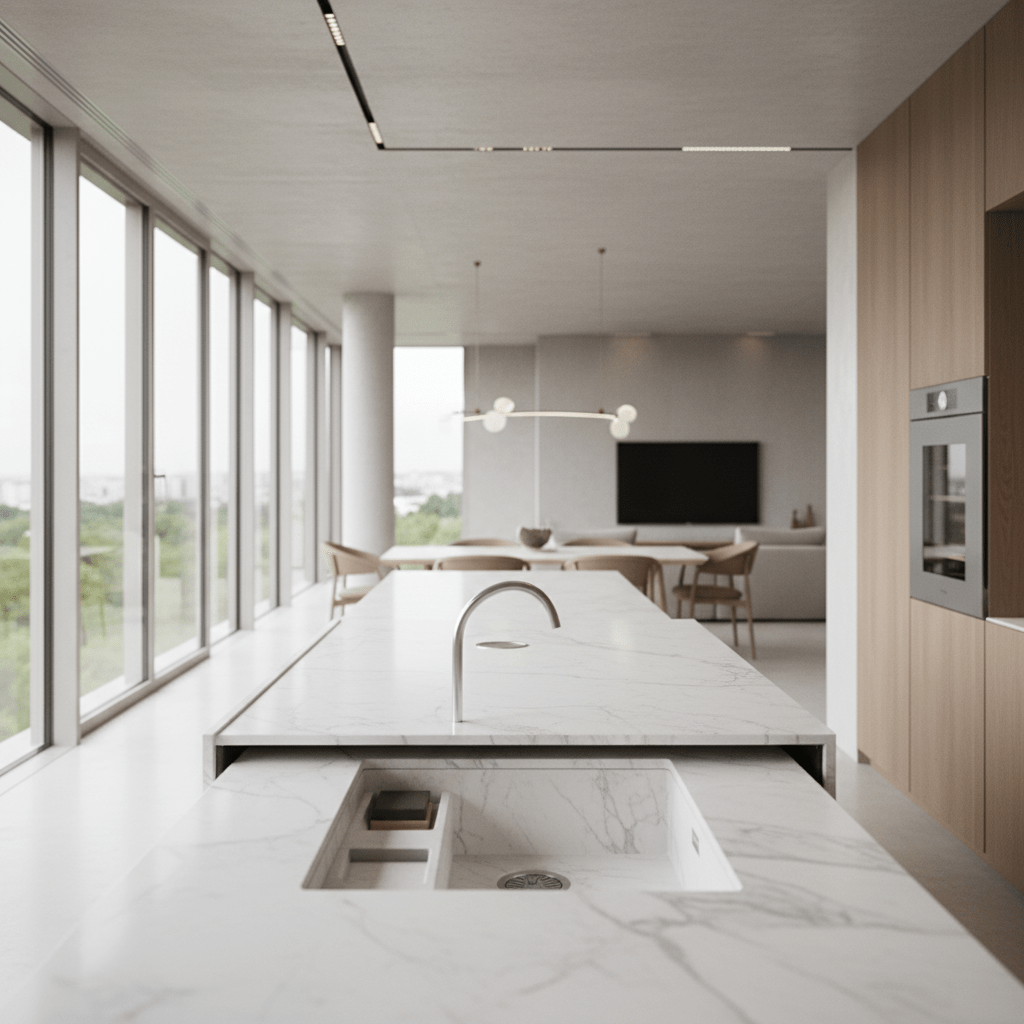 Ultra-modern kitchen sink revealed by sliding marble countertop, showcasing workstation and faucet.