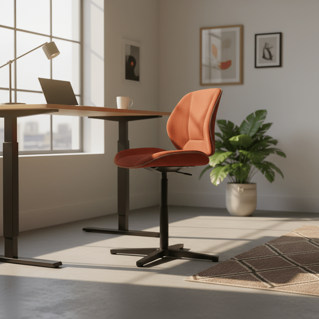 ADHD-friendly perching chair in terracotta fabric beside a standing desk.