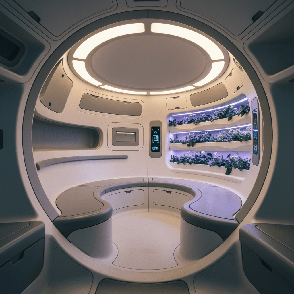 Futuristic underground bunker interior with custom-molded seating and integrated hydroponic systems.