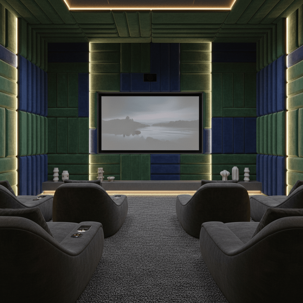 Modern channel tufted wall panels in emerald and sapphire. Channel tufted linen and bouclé wall panels in rich jewel tones for a home theater.