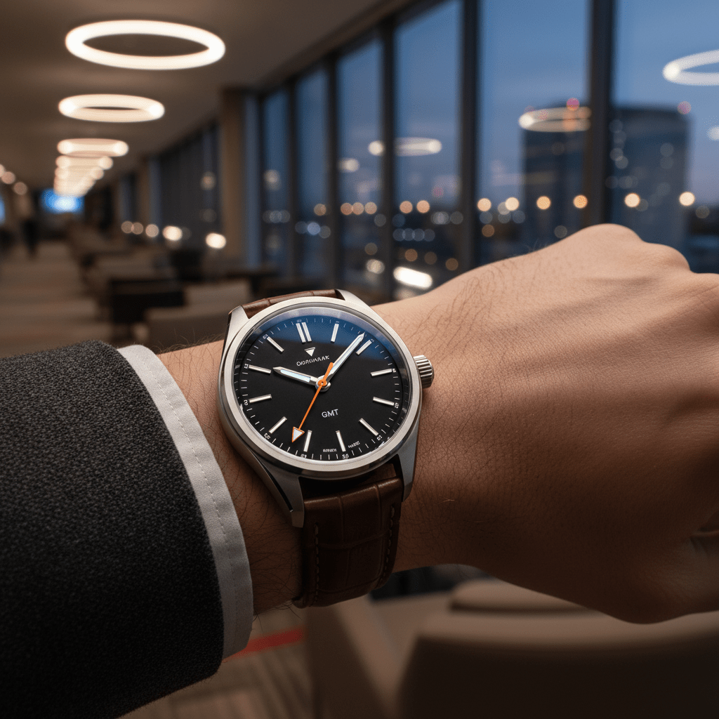 Sleek contemporary GMT watch on wrist in airport lounge, ready for travel.